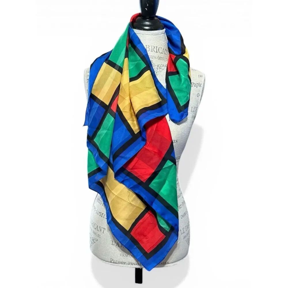 Vintage Glentex Geometric Tetris Scarf Primary Colors Red Green Blue Yellow 30”